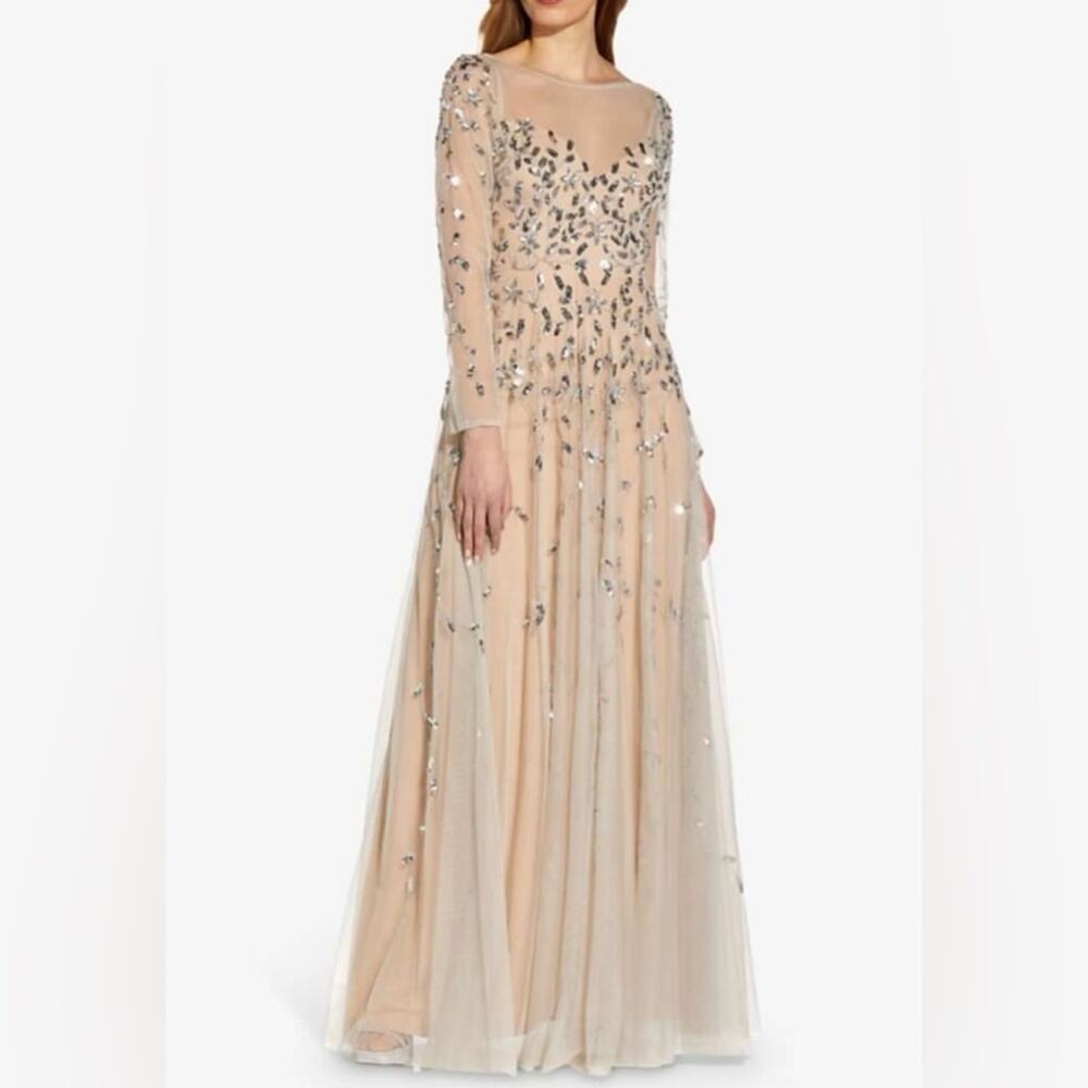 Adrianna Papell Sequin Beaded Floral Illusion Mesh Ballgown Long Sleeved Gown 18